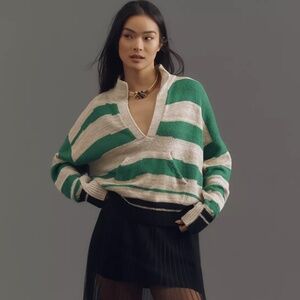 Pilcro Anthropologie V-Neck Rugby Striped Collared Sweater